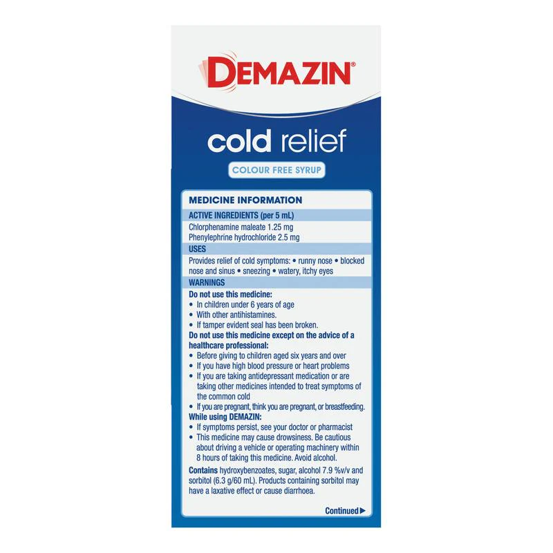 Demazin Cold Relief Colour Free Syrup Vanilla/Peach 200ml - Image 4