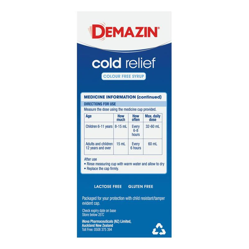 Demazin Cold Relief Colour Free Syrup Vanilla/Peach 200ml - Image 5