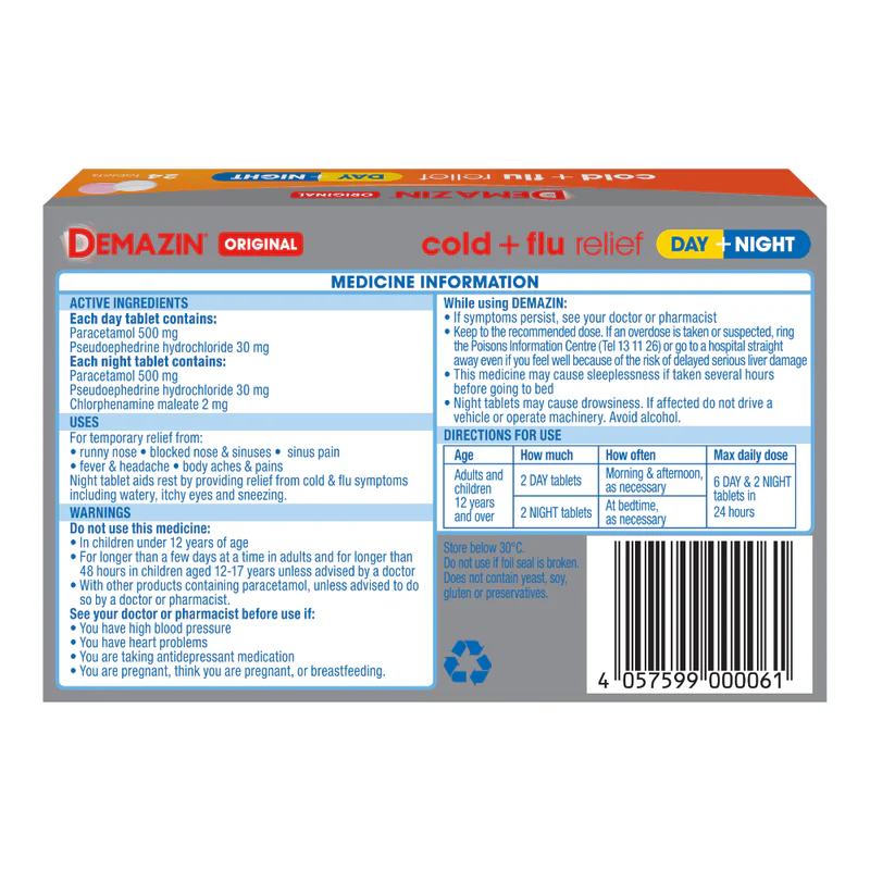 Demazin Original Cold + Flu Relief Day + Night Tablets 24s - PHARMACIST ONLY - Image 4