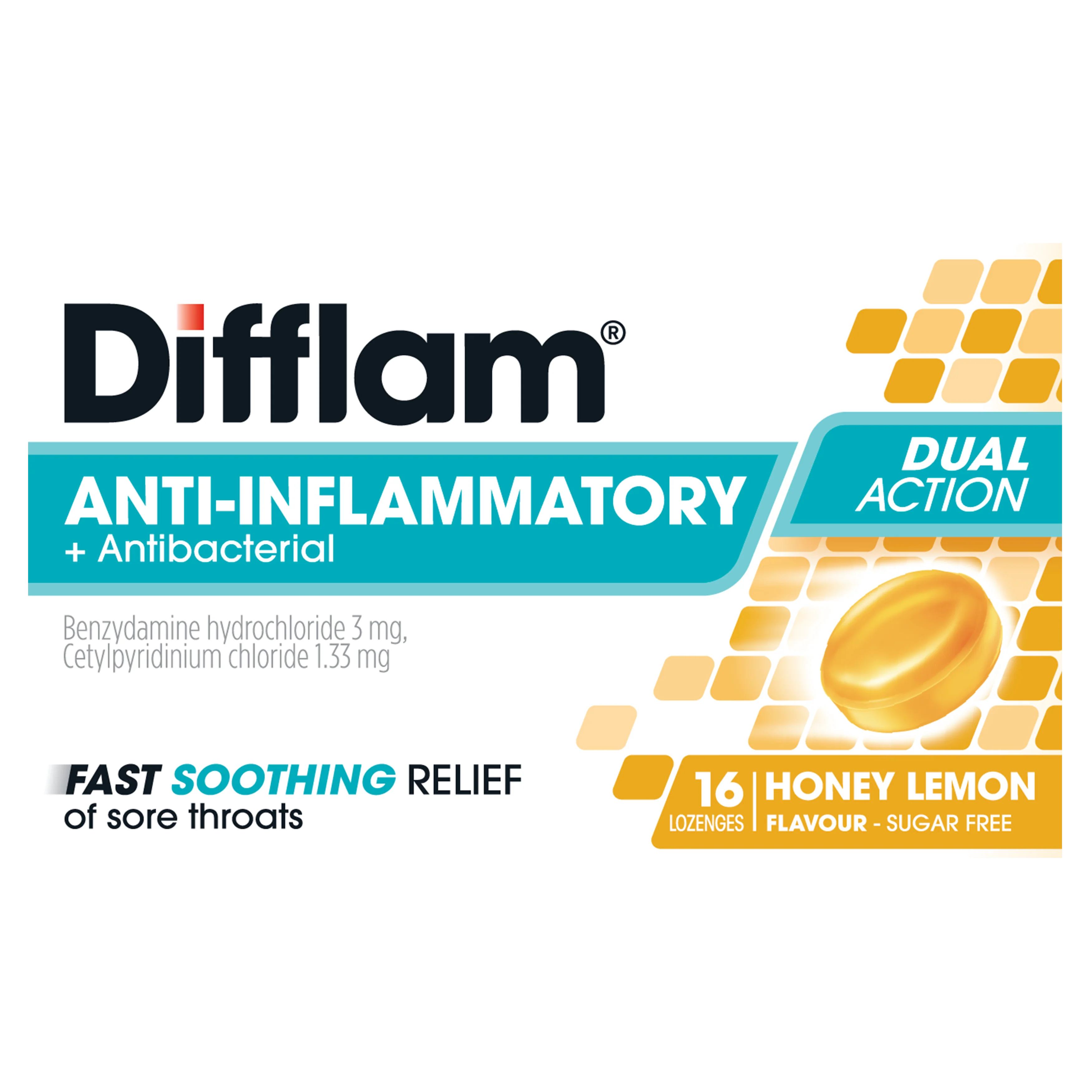 Difflam Anti-Inflammatory + Antibacterial Sore Throat Dual Action Honey Lemon Lozenges 16s - Image 3