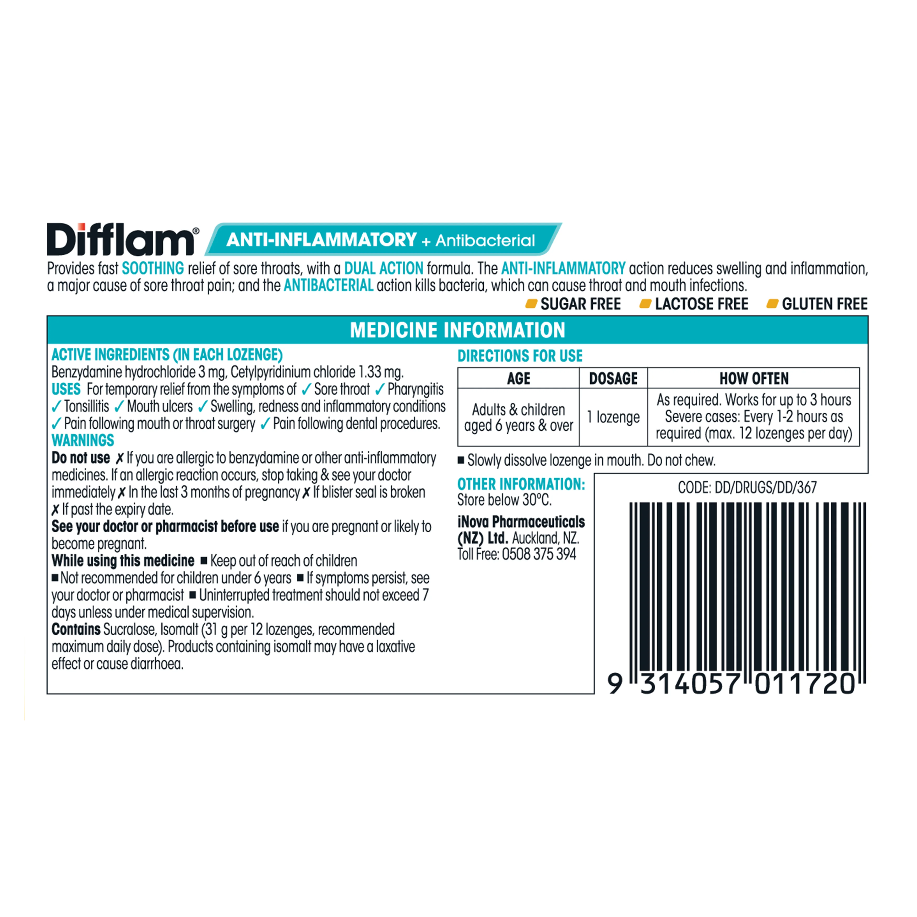 Difflam Anti-Inflammatory + Antibacterial Sore Throat Dual Action Honey Lemon Lozenges 16s - Image 4