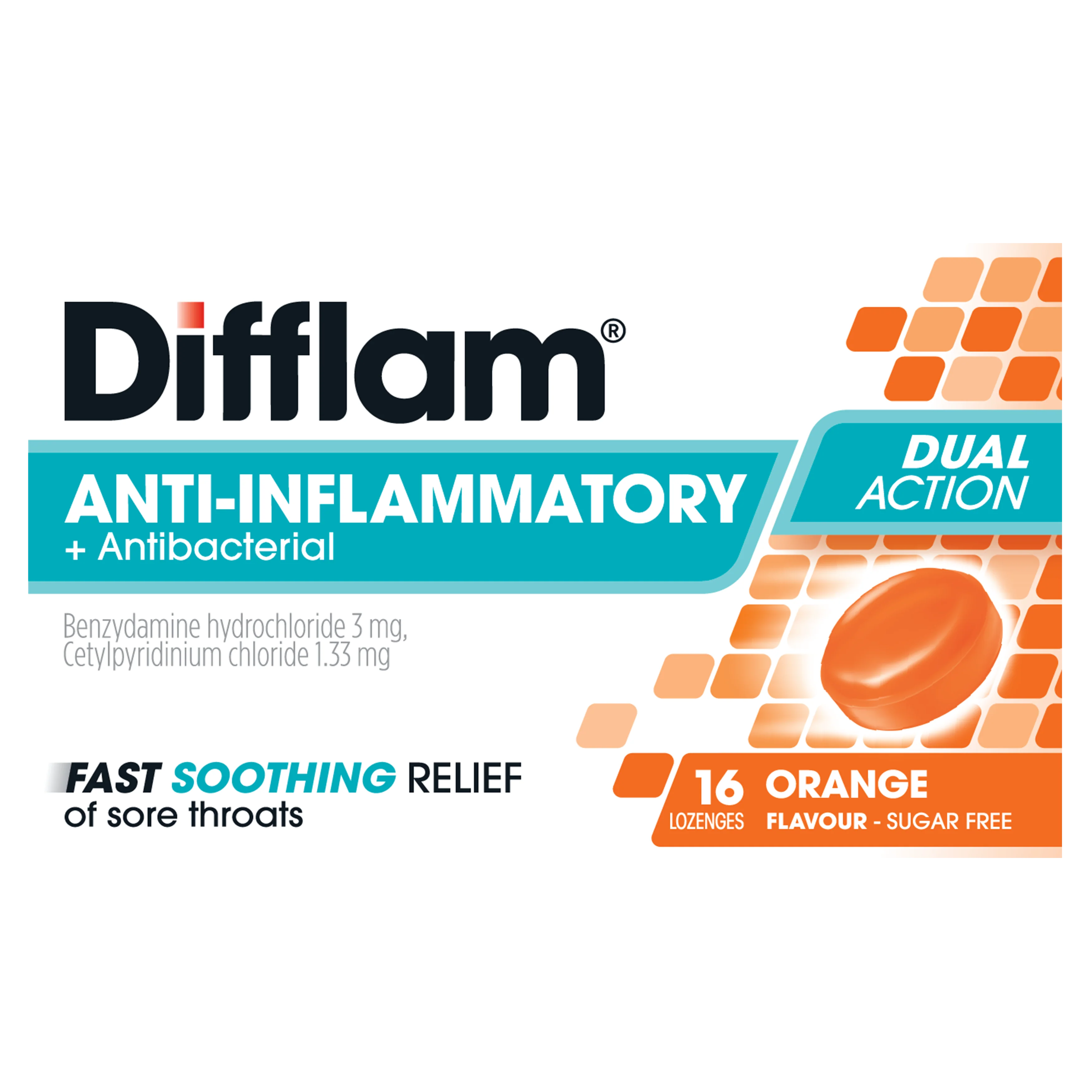Difflam Anti-Inflammatory + Antibacterial Sore Throat Dual Action Orange  Lozenges 16s - Image 3