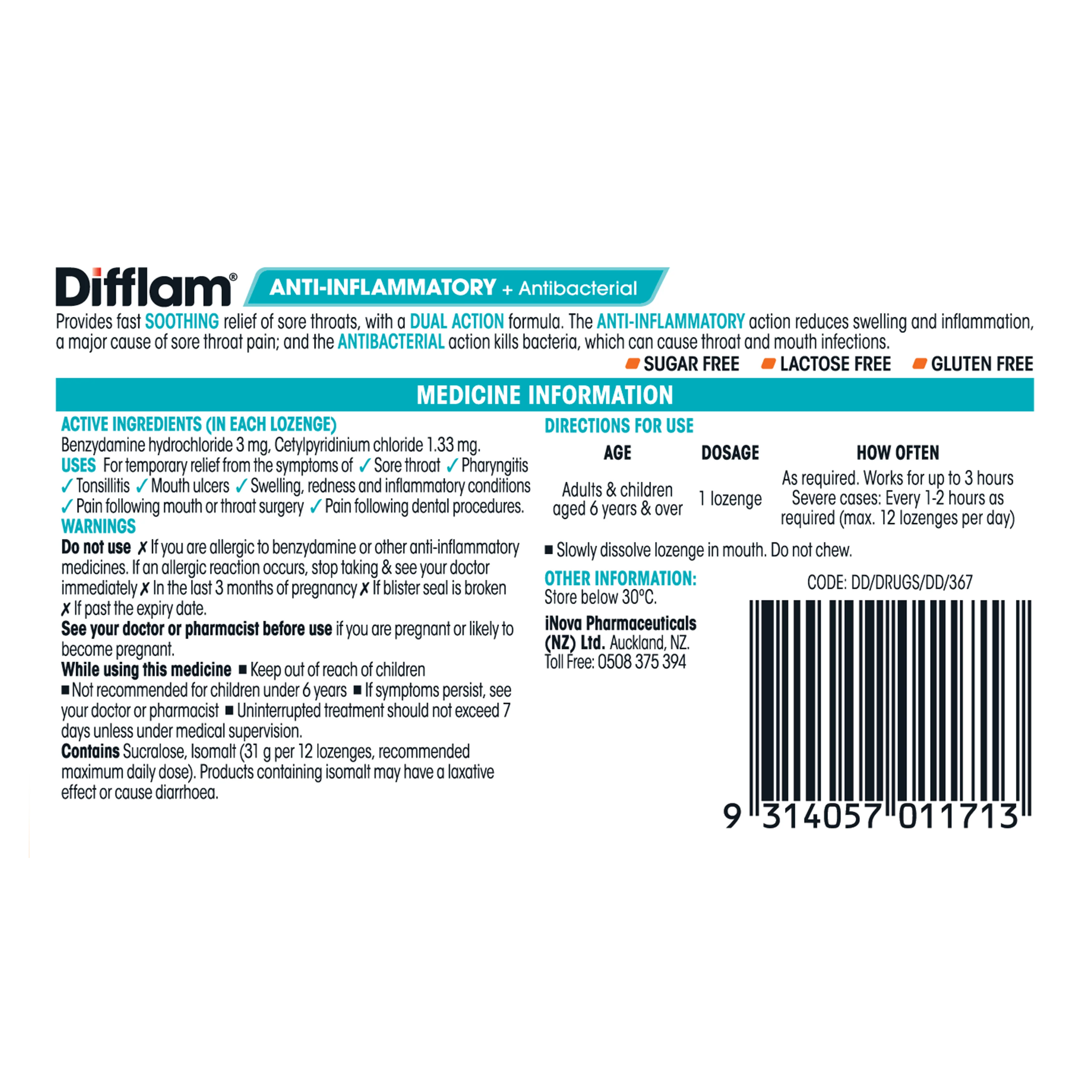 Difflam Anti-Inflammatory + Antibacterial Sore Throat Dual Action Orange  Lozenges 16s - Image 4
