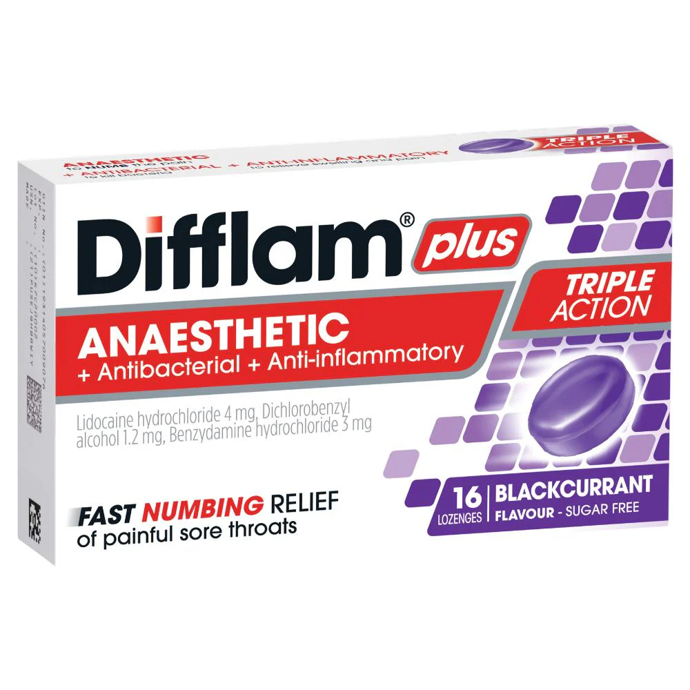 Difflam Plus Anaesthetic + Antibacterial + Anti-Inflammatory Sore Throat Triple Action Blackcurrant Lozenges 16pk