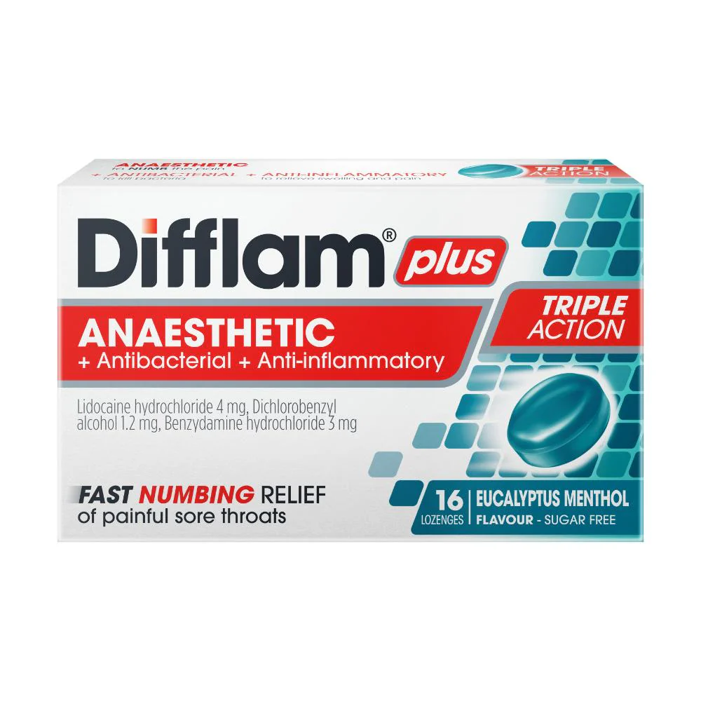 Difflam Plus Anaesthetic + Antibacterial + Anti-Inflammatory Sore Throat Triple Action Eucalyptus & Menthol Lozenges 16s - Image 4