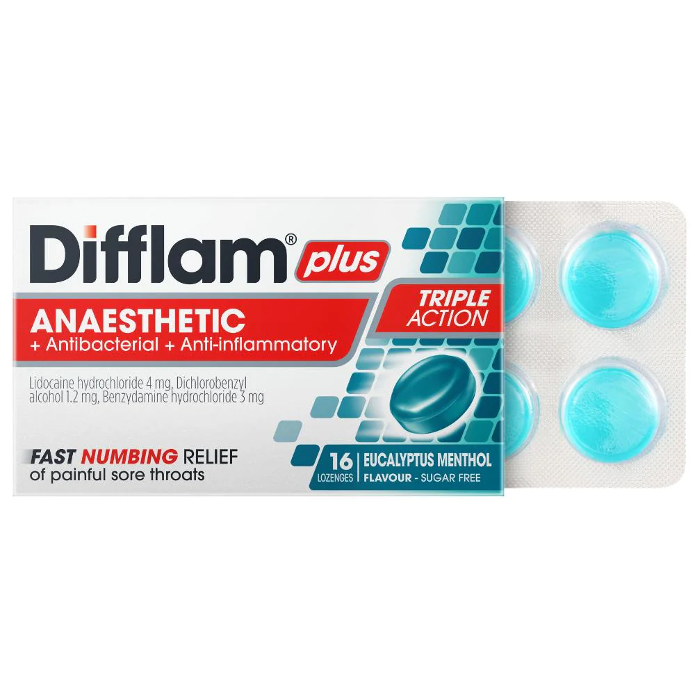 Difflam Plus Anaesthetic + Antibacterial + Anti-Inflammatory Sore Throat Triple Action Eucalyptus & Menthol Lozenges 16s - Image 6