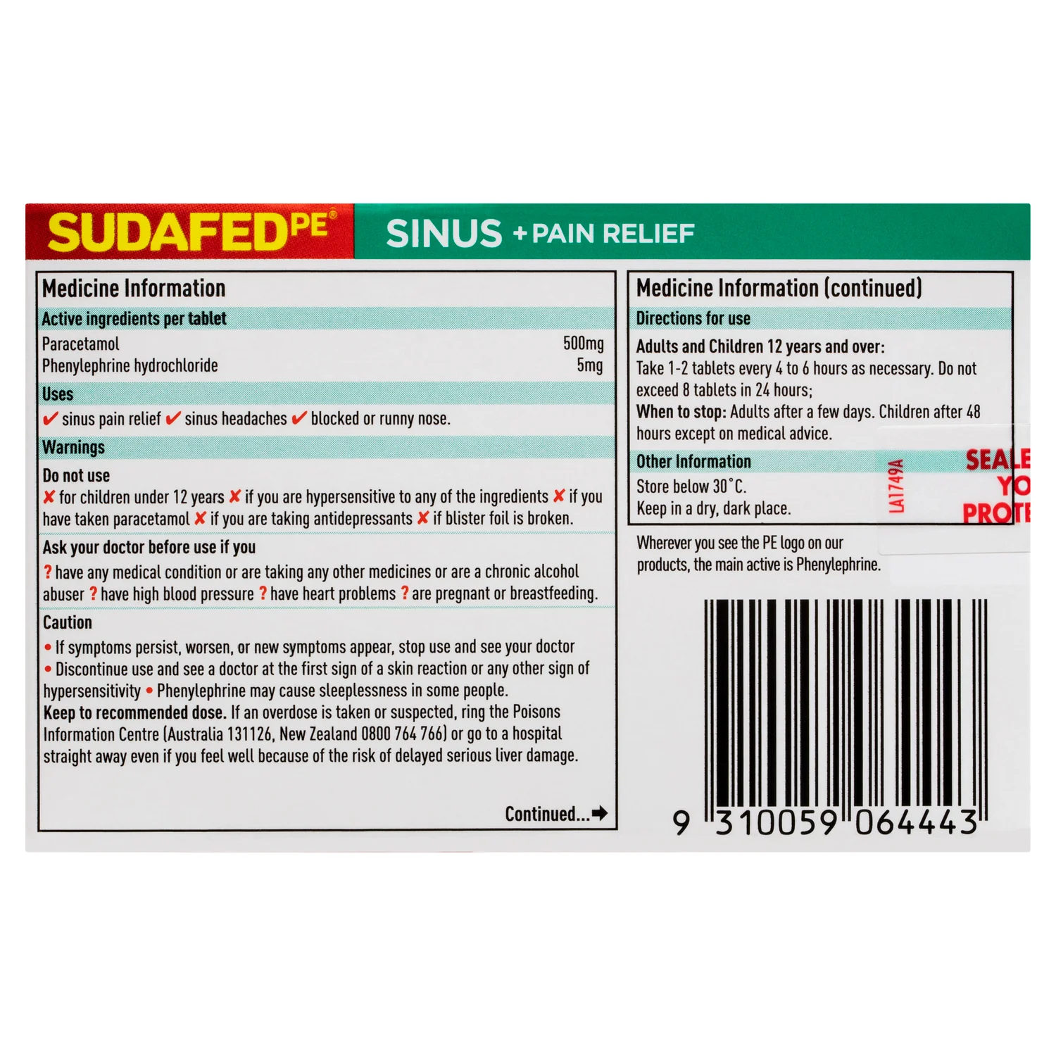 Sudafed PE Sinus and Pain Relief Tabs 48s - Image 4
