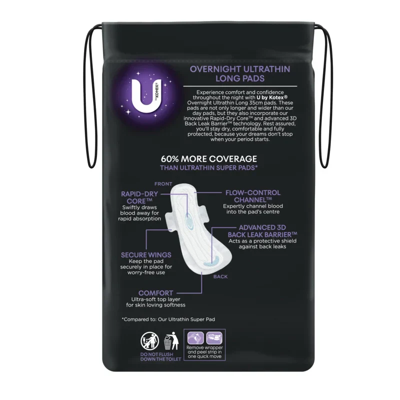 U By Kotex Pads Ultra Thin Long Wings Overnight 8pk - Image 2